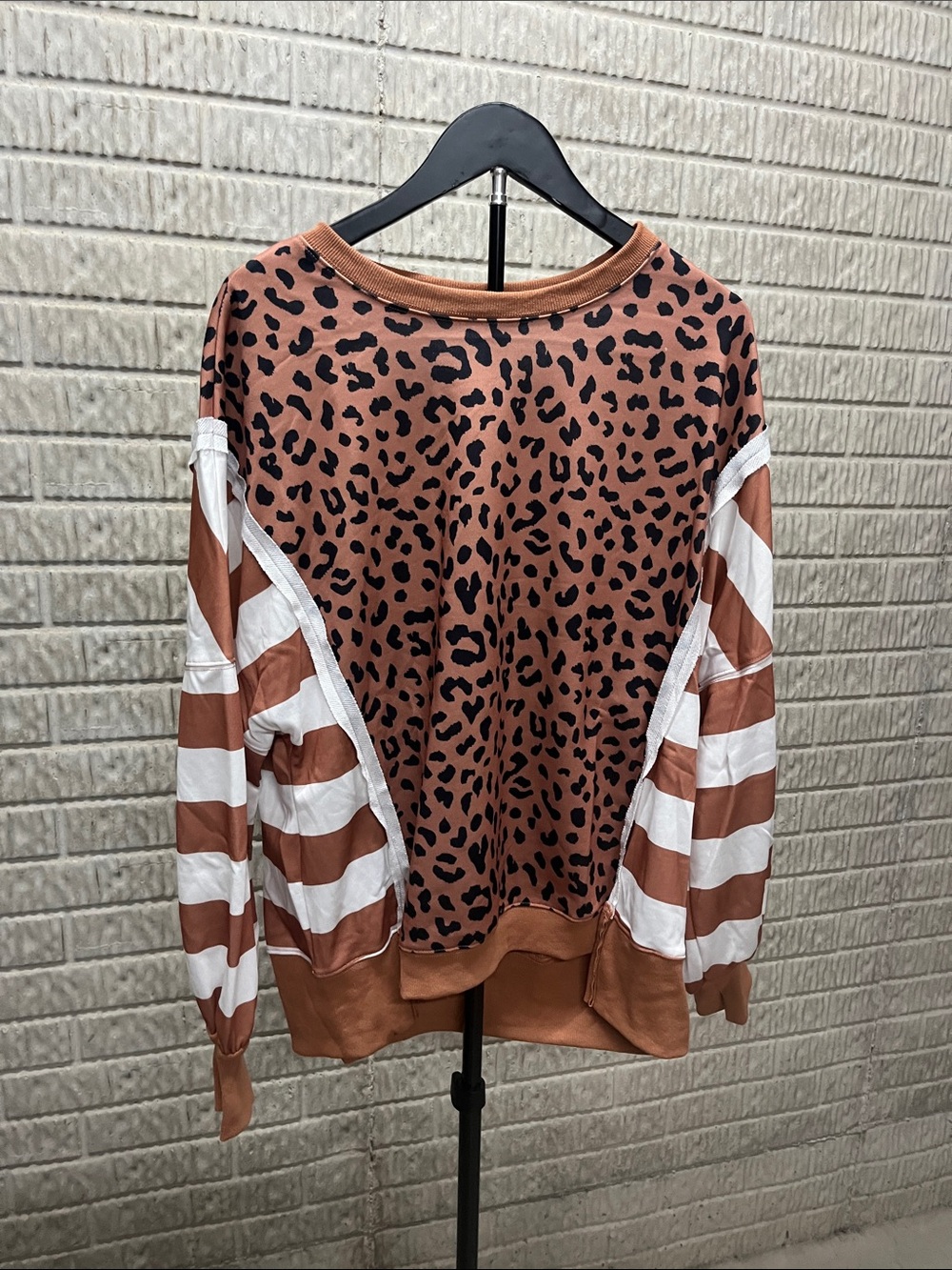 Rust Brown Leopard & White Stripe Women's Pullover Top